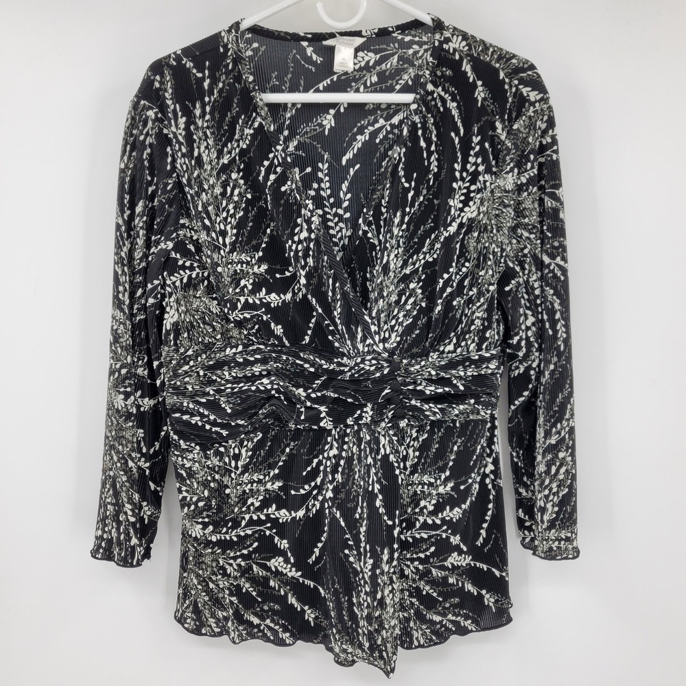 Christopher & Banks XL Black White Botanical Pleated Surplice V-Neck Blouse Top